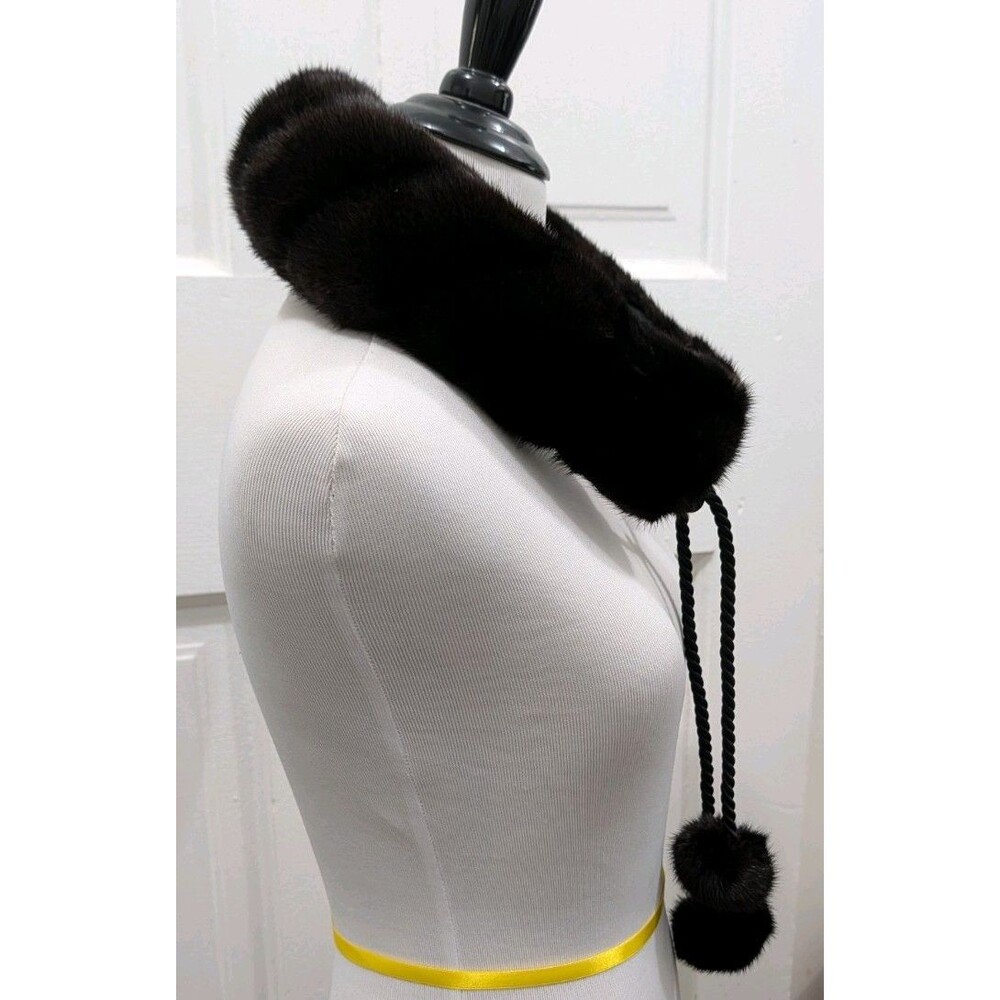 Vintage Real Mink Fur Collar Scarf Wrap Dark Brown Pom Pom Cord Accents - Picture 2 of 6